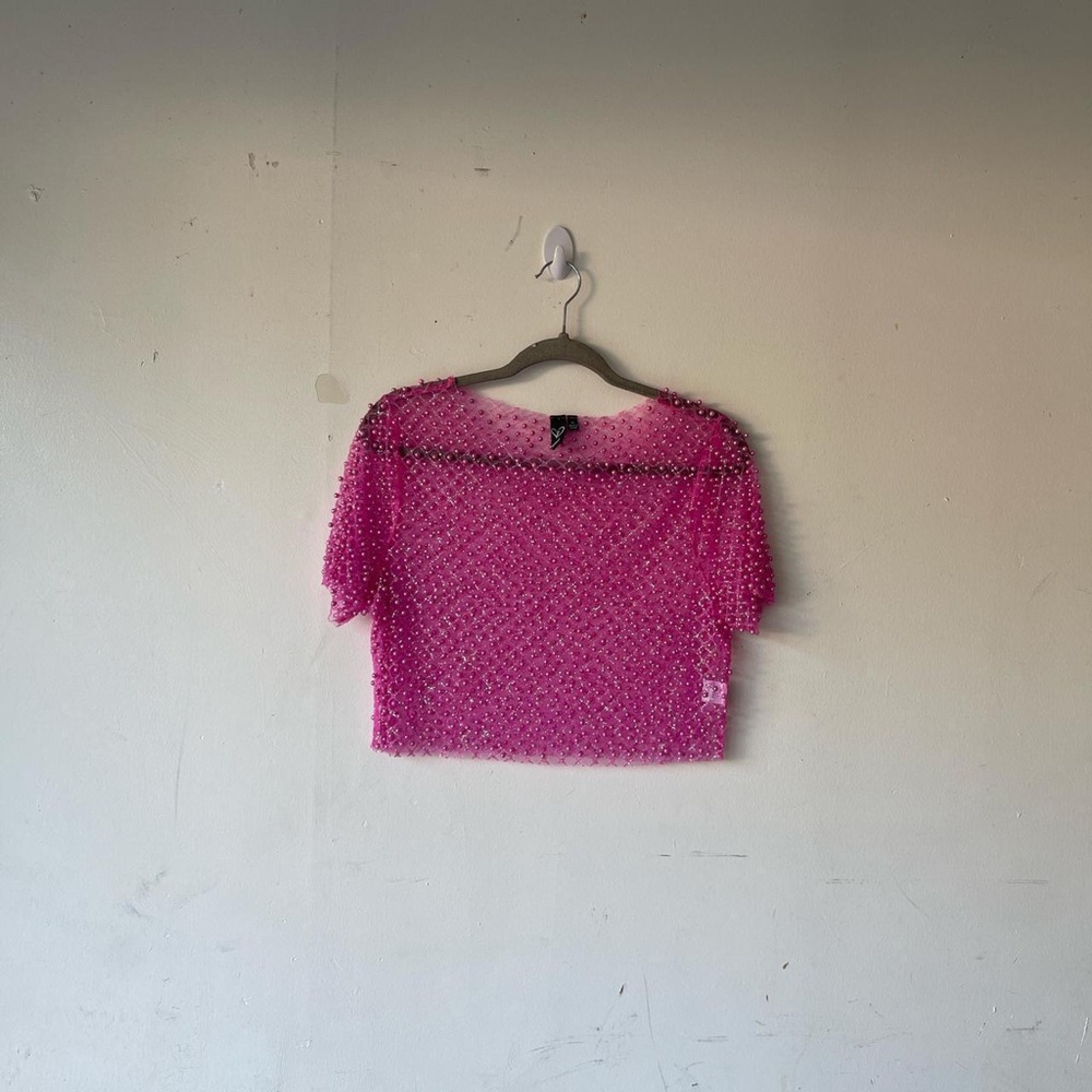 Windsor Hot Pink Beaded Sequin Mesh Short Sleeve Crop Top Size M